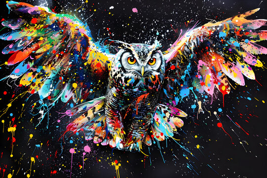 an owl with colorful paint splattered all over it's body and wings, on a black background with multicolored drops of paint splatters.