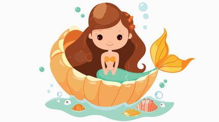 Little mermaid girl in the shell flat vector isolated