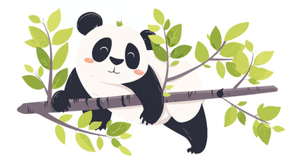 Little panda on tree branch flat vector isolated
