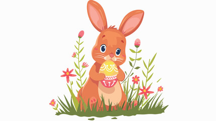Little rabbit holding easter egg in the grass