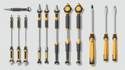 Set of screwdrivers and screws on grey table flat vector