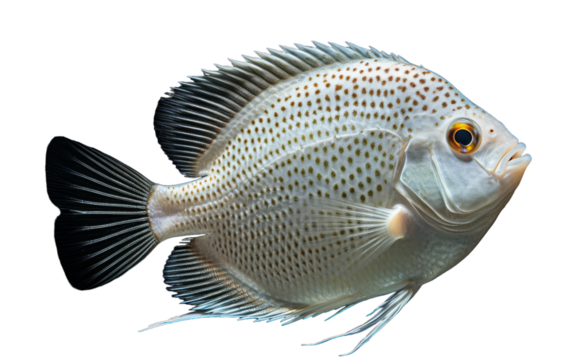 A white and black fish swimming gracefully on a peaceful white canvas - Powered by Adobe