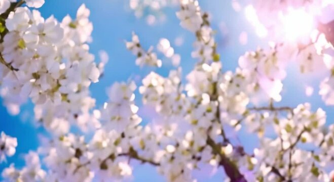 3d view of spring Sky with beautiful white cherry blossoms