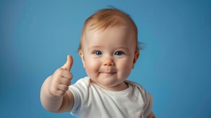 Cheerful Baby Giving a Thumbs-Up Sign on a Blue Background