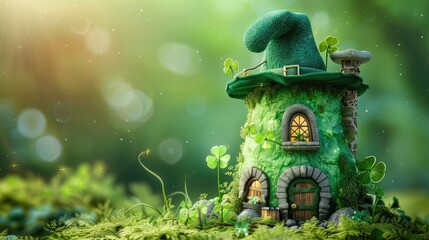 Fototapeta premium Whimsical 3D-Rendered Green House Adorned with Leprechaun's Hat and Clover, Embodying St. Patrick's Day Spirit
