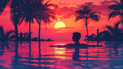 A Person Relaxing in a Swimming Pool with Palm Trees Silhouetted Against the Evening Sky - obrazy, fototapety, plakaty