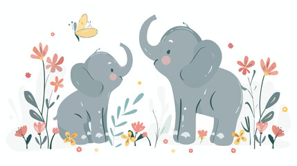 Obraz na płótnie Canvas Mother and baby elephant sitting with flowers