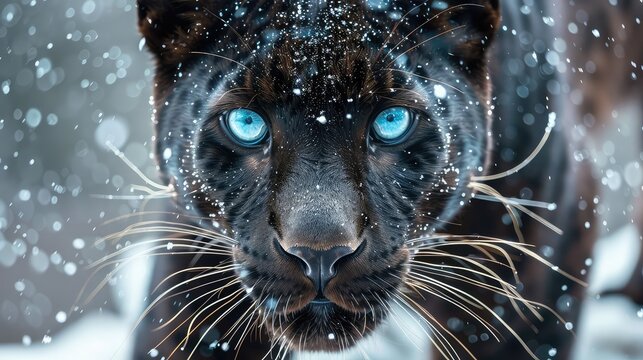 Close-Up View of a Beautiful Black Panther with Blue Eyes in the Snow - Powered by Adobe