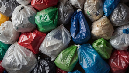 Plastic background. Variety of crumpled plastic bags. Top view to stack of plastic bags. - obrazy, fototapety, plakaty