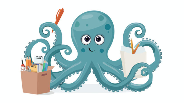 Octopus holding a stationery flat vector isolated