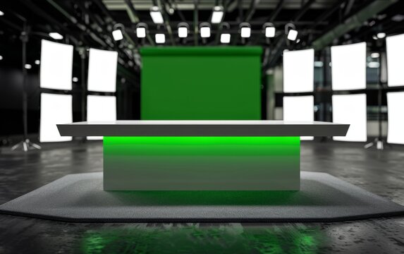Broadcaster table with green screen background and black floor white background