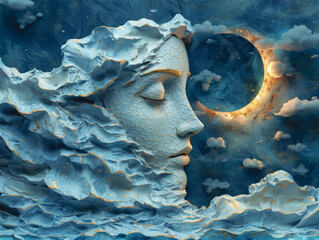Face and the moon, made of stone, in the style of sculpting.