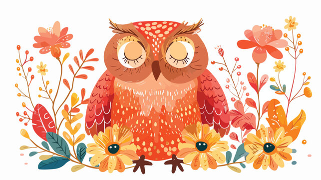 Owl with flowers background flat vector isolated