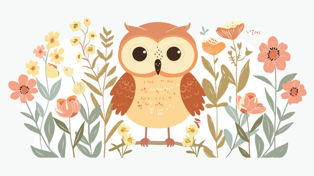 Owl with flowers background flat vector isolated