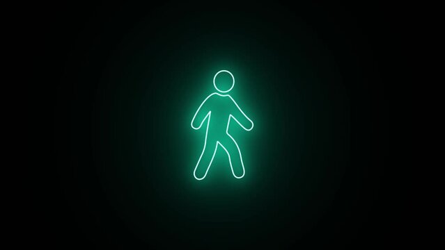 Neon line people walk icon cyan color glowing animation on the black background. neon walking icon.