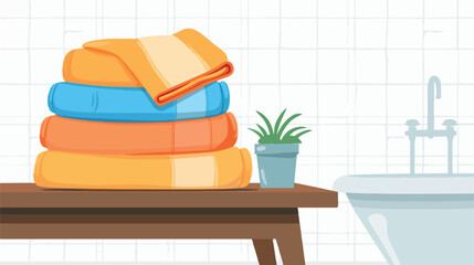 Stacked terry towels on table in bathroom flat vector - obrazy, fototapety, plakaty
