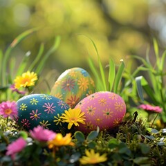 Obraz na płótnie Canvas a group of decorated eggs in grass