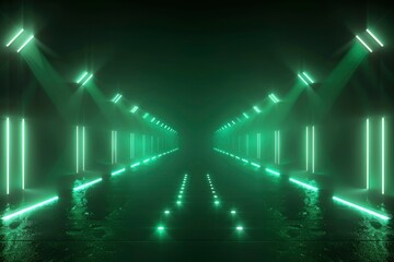 Dark background with lines and spotlights, neon light, night view. Abstract green background - generative ai