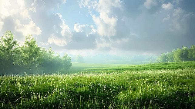 The image shows a beautiful green field with a hill in the distance. The sky is blue and cloudy, and the sun is shining brightly.