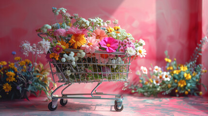 Shopping trolley with flowers on pink background.