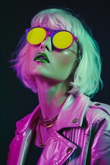 A beautiful model with white hair and green lipstick wearing purple sunglasses, a yellow leather jacket, fashion magazine, light pink background, in a minimalist style, futuristic