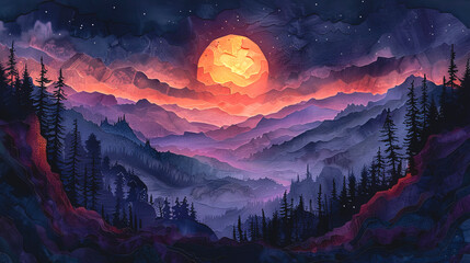 Creative purple background with forest in the mountains at sunset.