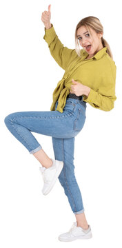 Full body studio photo of young caucasian blonde woman 20s dancing, celebrating, showing thumbs up. Wear yellow shirt, jeans and white sneakers. Isolated transparent png background.