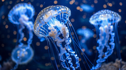 A group of jellyfish illuminated, showcasing their intricate tentacles and ethereal beauty, floating in the deep blue sea. Ethereal Drift.  - obrazy, fototapety, plakaty
