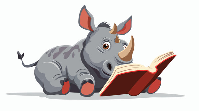 Rhino reading a book flat vector isolated on white
