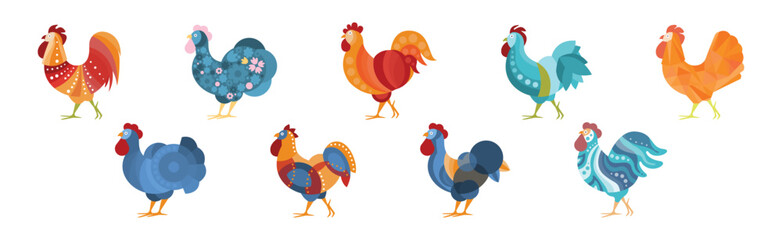 Rooster and Cockerel with Creative Ornate and Color Vector Set