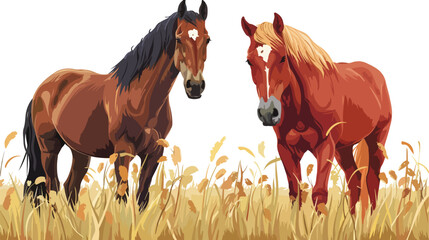 Two horses in the field flat vector isolated on white
