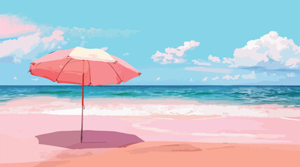 Fototapeta na wymiar Umbrella on pink beach by sea flat vector