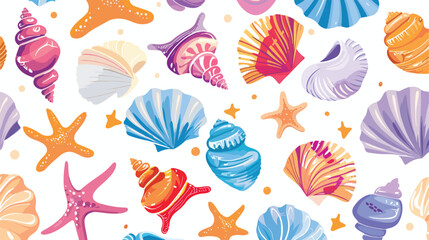 Various Colorful seashell background flat vector - obrazy, fototapety, plakaty