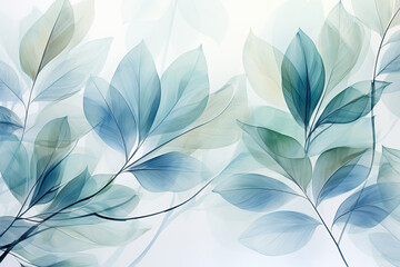 Wallpaper with blue pale leaves on white background, delicate, smooth, elegant, mesmerizing color landscapes.