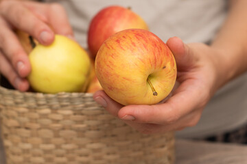 Hand Picking a Fresh Apple. Female hand holding fresh ripe apple.