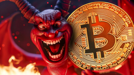 un diable maléfique souriant à côté d'une grosse pièce de bitcoin
