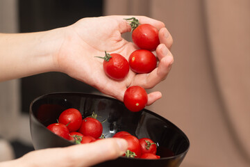 Cherry Tomatoes in a bowl in female hands. Hands cradling a black bowl filled with bright red cherry tomatoes.