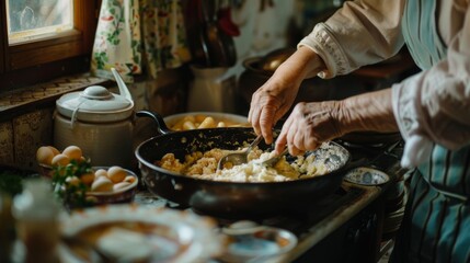 Woman Cooking Food on Stove in Kitchen - obrazy, fototapety, plakaty