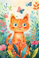 Cat surrounded by flowers, butterfly, and love, cute kitten cartoon illustration with nature and pets, adorable design for birthday card