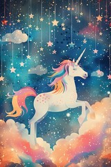 Magical Unicorn in the Starry Sky by Samantha
White, bright colors, and quirky styles.
This picture also has a beautiful unicorn.
Rainbow mane and tail Surrounded by shooting
stars and fluffy clouds I