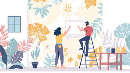 Woman applying glue onto wallpaper while man hanging - obrazy, fototapety, plakaty