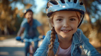 Cheerful child girl riding a bicycle - 774837329