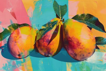 A pop art-inspired collage of mangoes featuring bold colors and graphic elements