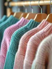 Obraz premium Knitted sweaters on hangers in a clothing store close-up, soft selective focus.
