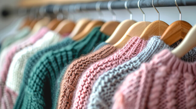 Knitted sweaters on hangers in a clothing store close-up, soft selective focus.