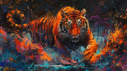 Vibrant Abstract Tiger Artwork in Action - obrazy, fototapety, plakaty