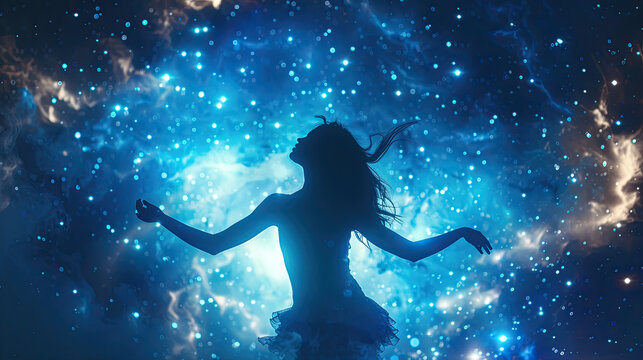 black silhouette of girl dancing on glitter blur textured paint background International Dance Day 29  april Design template for banner, flyer, invitation, brochure, poster or greeting card.