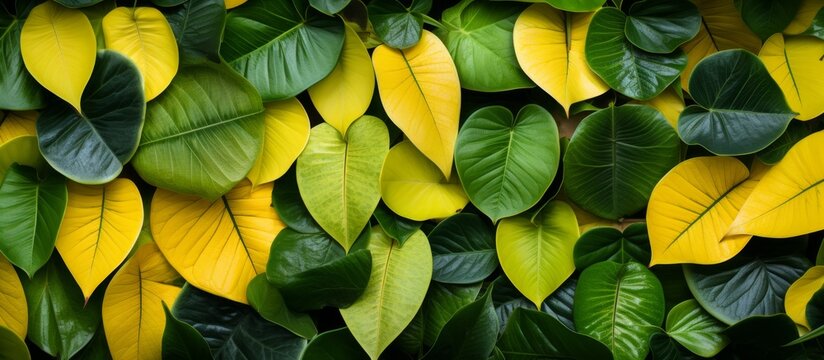 Vibrant close-up shot capturing a variety of green and yellow leaves in vivid detail, showcasing their unique shapes and textures