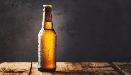 Glass bottle of beer with water drops on wooden table. Alcoholic beverage. Dark background.
