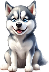 Watercolor drawing of a cute Siberian husky dog in cartoon style.